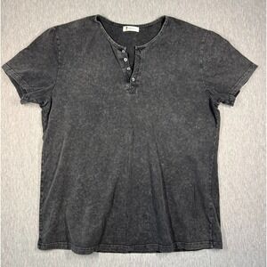 Beotyshow Acid Wash Henley‎ Short Sleeve Tee Button Neck Charcoal Gray Size L